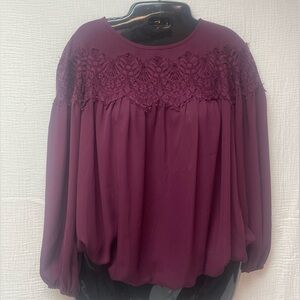 Max Studio Burgundy with Lace Poet/Peasant Long Sleeve Blouse/Top, Sz XS!